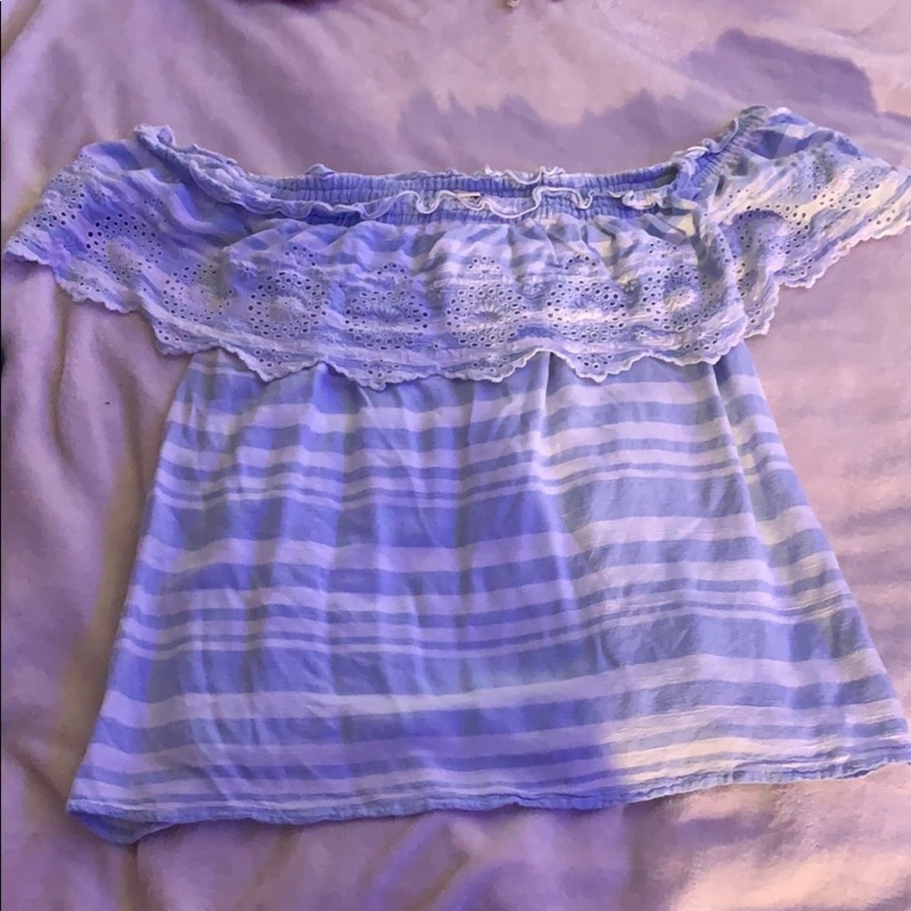 White and blue striped off the shoulder blouse